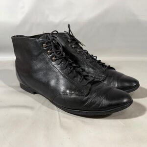 Vtg 80s Pointy Toe Granny Leather Boots 8.5 Black Lace Up Steampunk Granny Y2K